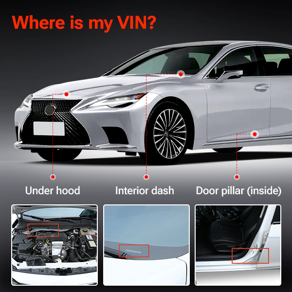 Common VIN locations on a vehicle: dashboard, driver door, and engine area